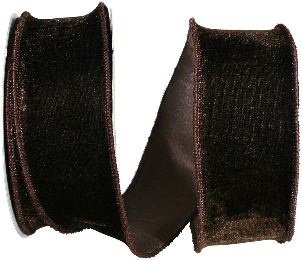 Brown 2-1 2 Inch Plush Velvet With Dupioni Backing Wired Edge Ribbon for Wreaths & Bows