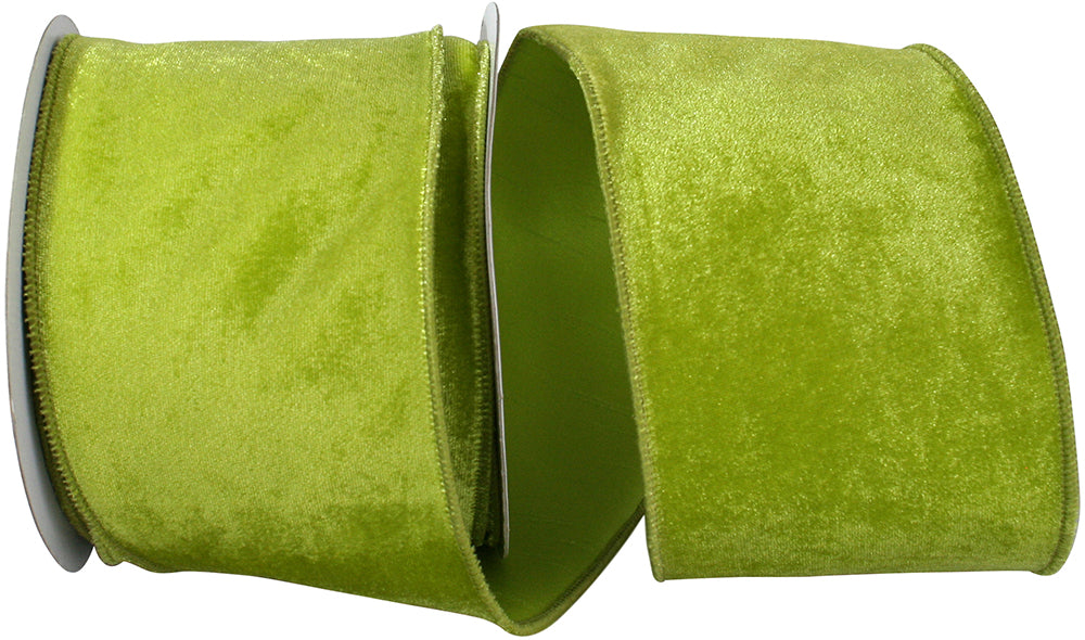 Lime 4 Inch Plush Velvet With Dupioni Backing Wired Edge Ribbon for Wreaths & Bows