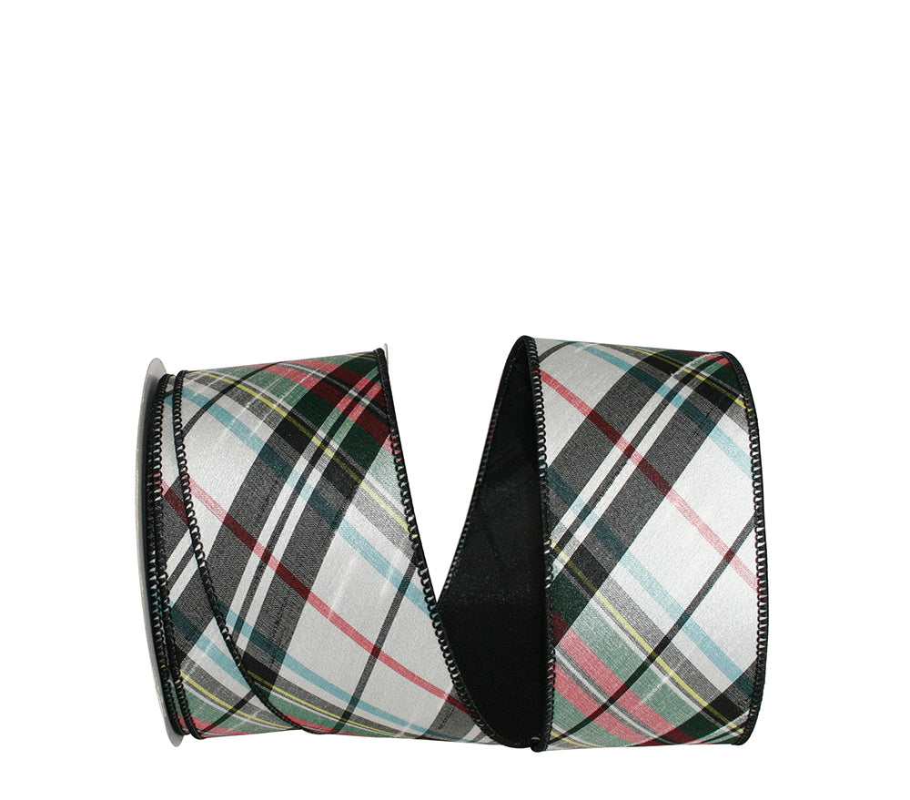 Plaid White 2-1/2 Inch Dupioni Wired Edge Ribbon