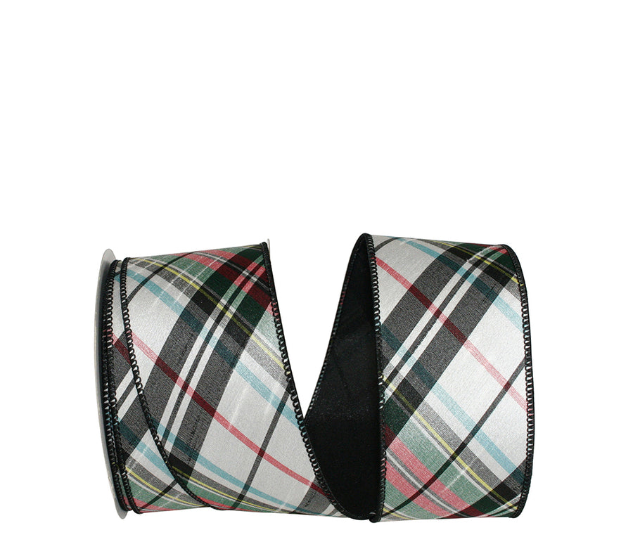 Plaid White 2-1/2 Inch Dupioni Wired Edge Ribbon