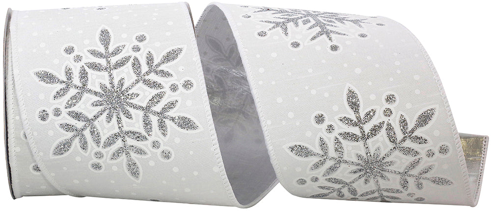 Dupioni Snowflake Glitter Ribbon 4 Inch White Silver