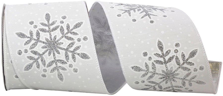 Dupioni Snowflake Glitter Ribbon 4 Inch White Silver