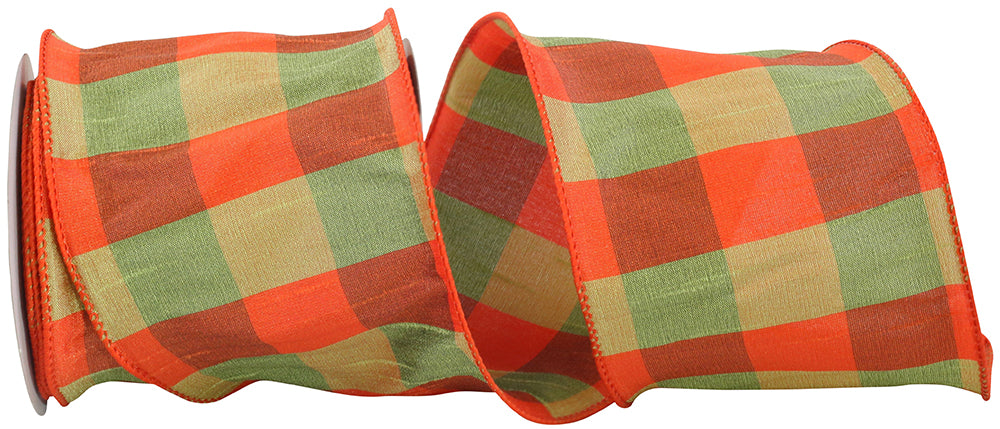 Tonal Plaid Dupioni Ribbon Orange Green 4 Inch for Bows
