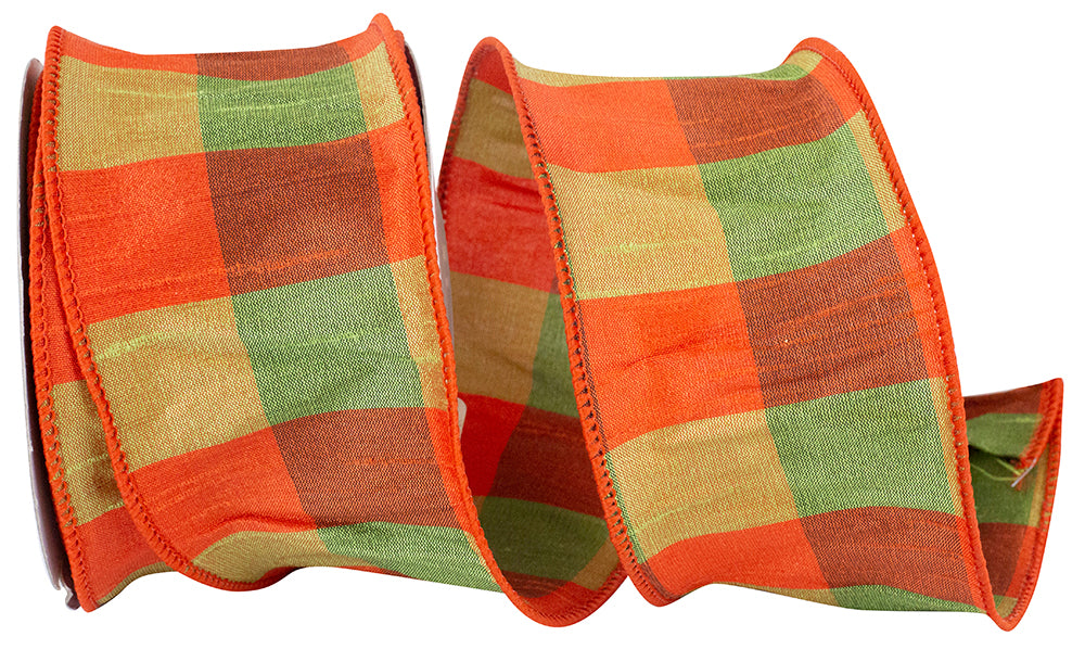 Tonal Plaid Dupioni Ribbon Orange Green 2-1/2 Inch