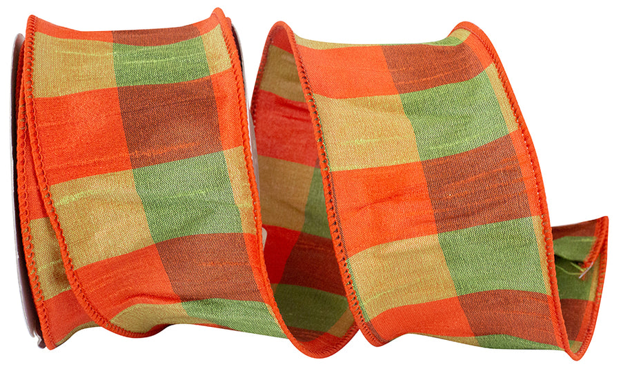 Tonal Plaid Dupioni Ribbon Orange Green 2-1/2 Inch