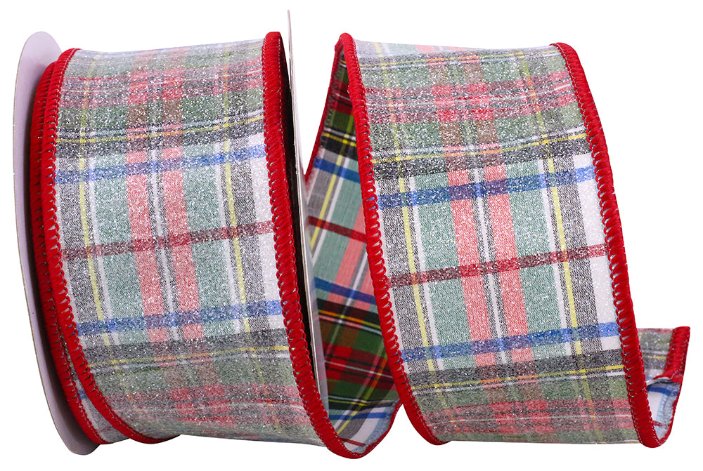 Frosted Steward's Plaid Dupioni Ribbon White 2-1/2 Inch