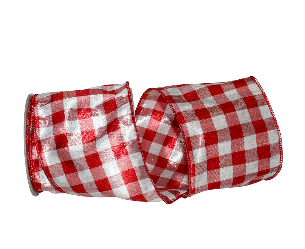 Metallic Shine Dupioni Ribbon Red Silver 4 Inch for Wreaths
