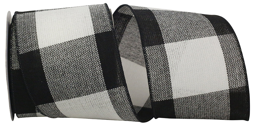Gingham Check Wired Edge Ribbon Black White 4 Inch 10 Yards