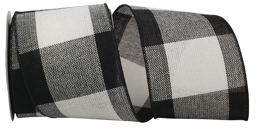 Gingham Check Wired Edge Ribbon Black White 4 Inch 10Yds