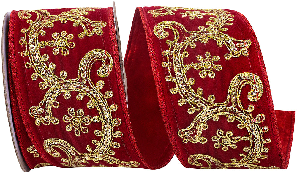 Luxe Scroll Sequin Embroidery Ribbon Red Gold 2-1/2 Inch