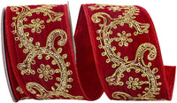 Luxe Scroll Sequin Embroidery Ribbon Red Gold 2-1/2 Inch