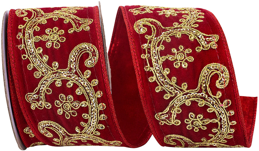 Luxe Scroll Sequin Embroidery Ribbon Red Gold 2-1/2 Inch