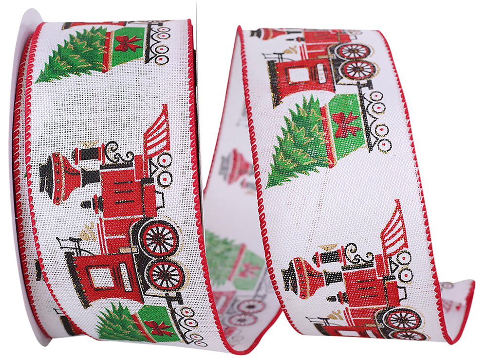 Multi 2-1 2 Inch Train With Christmas Trees Linen Wired Edge Ribbon Rd for Wreaths & Bows