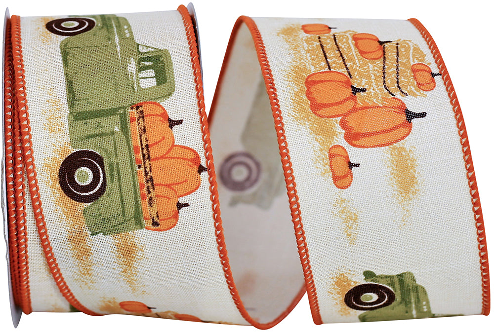 Cream 2-1 2 Inch Pickup Truck With Pumpkins Linen Wired Edge Ribbon Rd for Wreaths & Bows