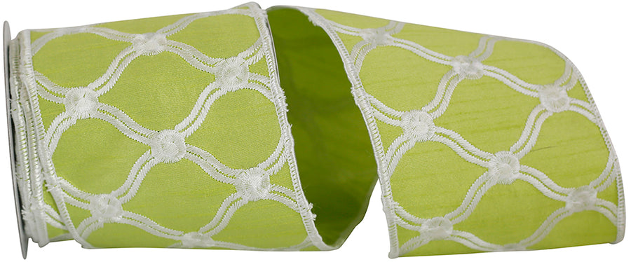 Apple 4 Inch Embroidered Tress Dupioni Wired Edge Ribbon for Wreaths & Bows