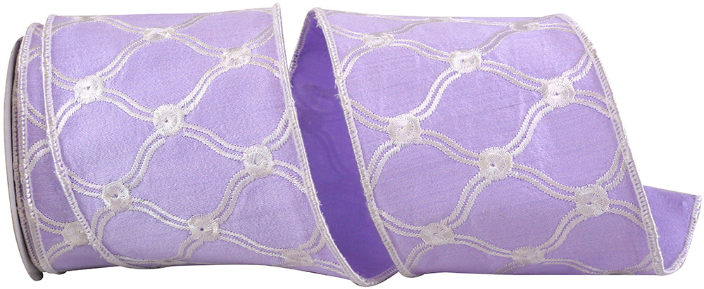 Lavender 4 Inch Embroidered Tress Dupioni Wired Edge Ribbon for Wreaths & Bows