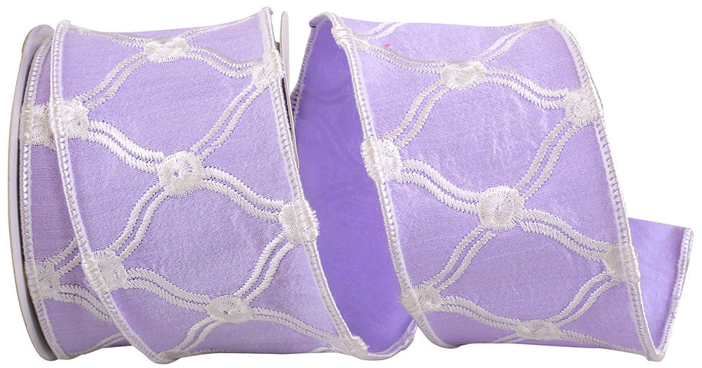 Lavender 2-1 2 Inch Embroidered Tress Dupioni Wired Edge Ribbon for Wreaths & Bows
