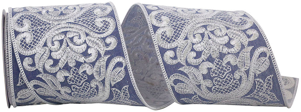 Denim Wired Edge Ribbon 4 Inch Dupioni Embroidered for Bows