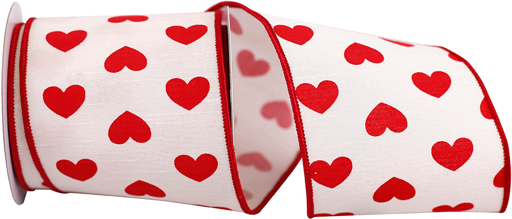 White Red 4 Inch Dupioni Hearts Wired Edge Ribbon for Wreaths & Bows