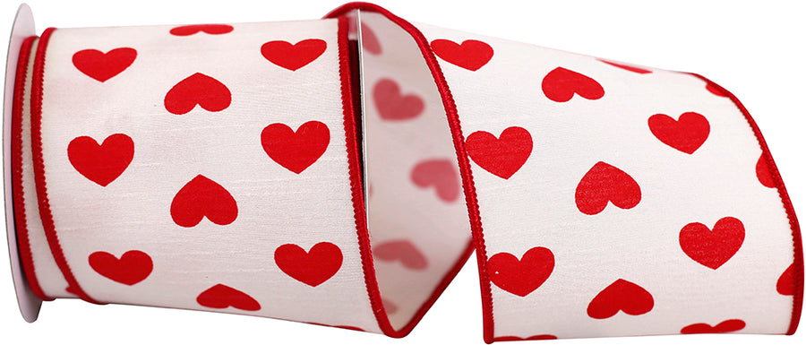 White Red 4 Inch Dupioni Hearts Wired Edge Ribbon for Wreaths & Bows
