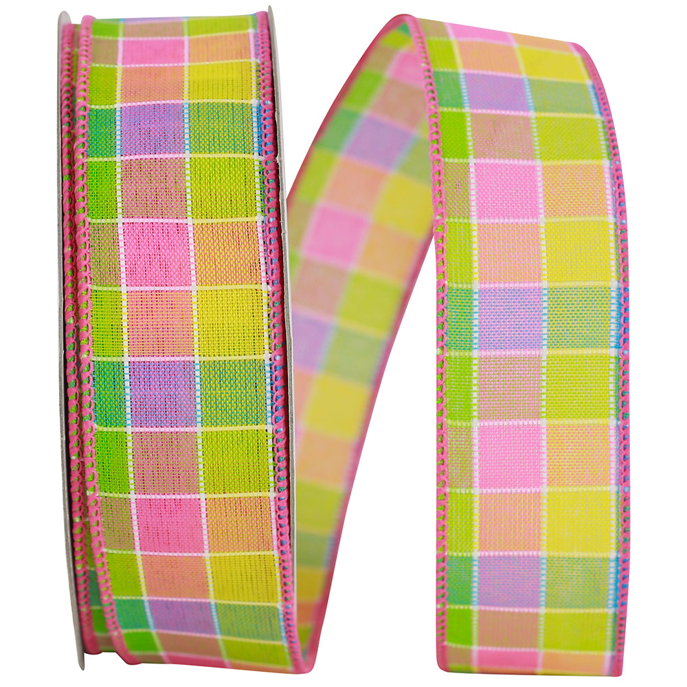 Multi 1-1 2 Inch Colorful Stitch Check Wired Edge Ribbon for Wreaths & Bows