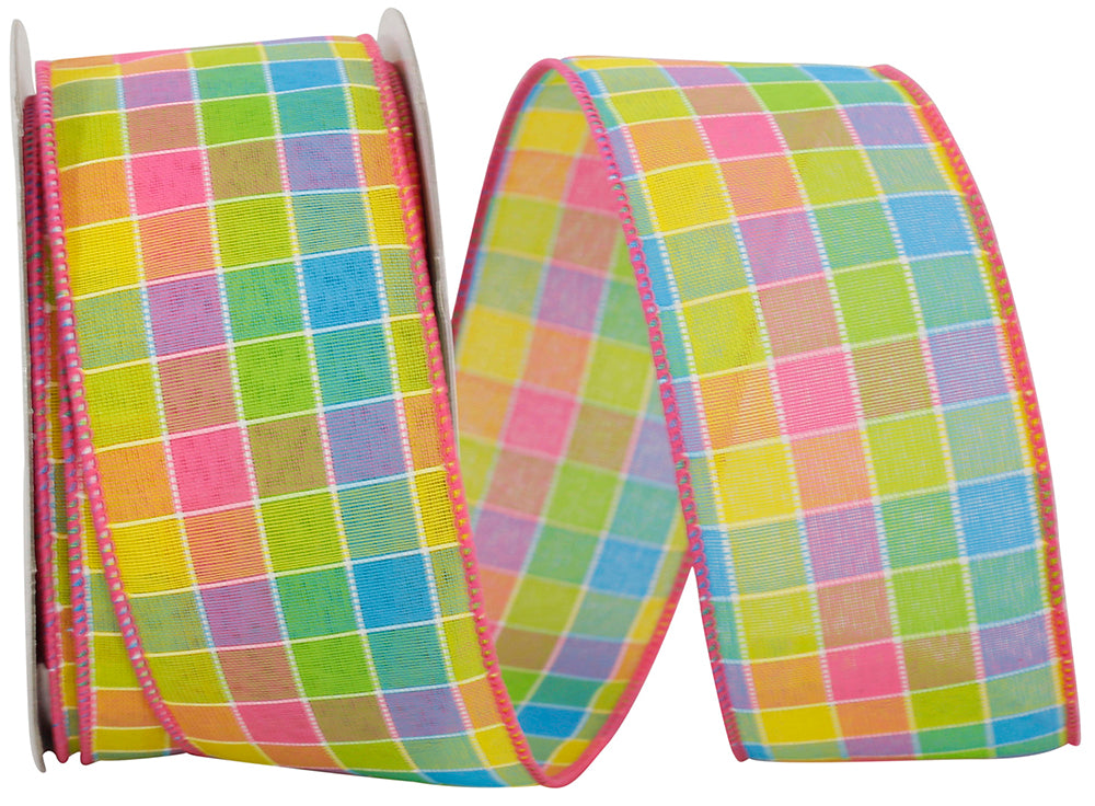 Multi 2-1 2 Inch Colorful Stitch Check Wired Edge Ribbon for Wreaths & Bows