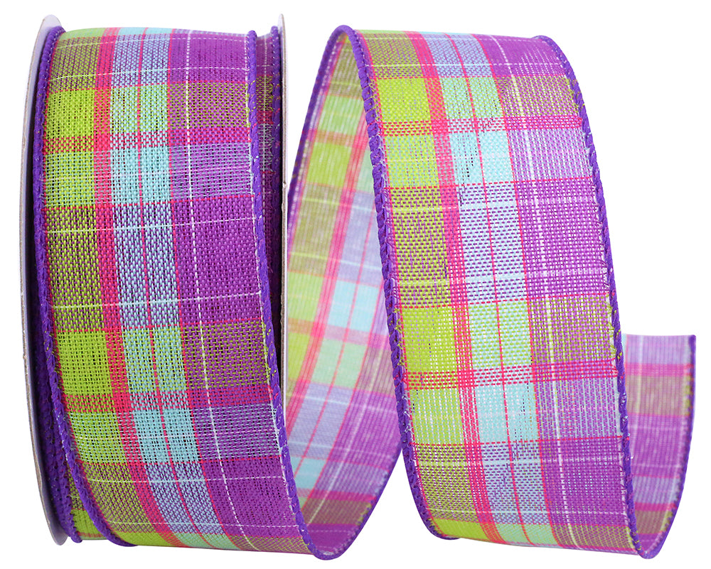 Purple Wired Edge Ribbon 1-1/2 Inch Bright Plaid