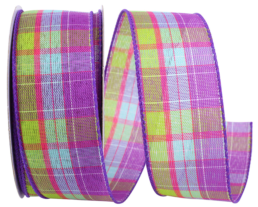 Purple Wired Edge Ribbon 1-1/2 Inch Bright Plaid