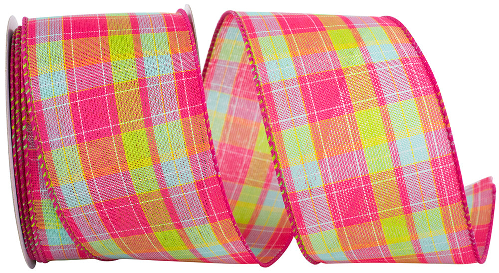 Pink Wired Edge Ribbon 2-1/2 Inch Bright Plaid