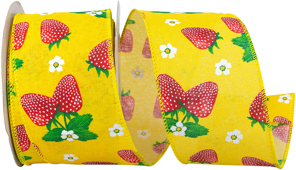 Multi 2-1 2 Inch Strawberry & Blossoms Wired Edge Ribbon for Wreaths & Bows