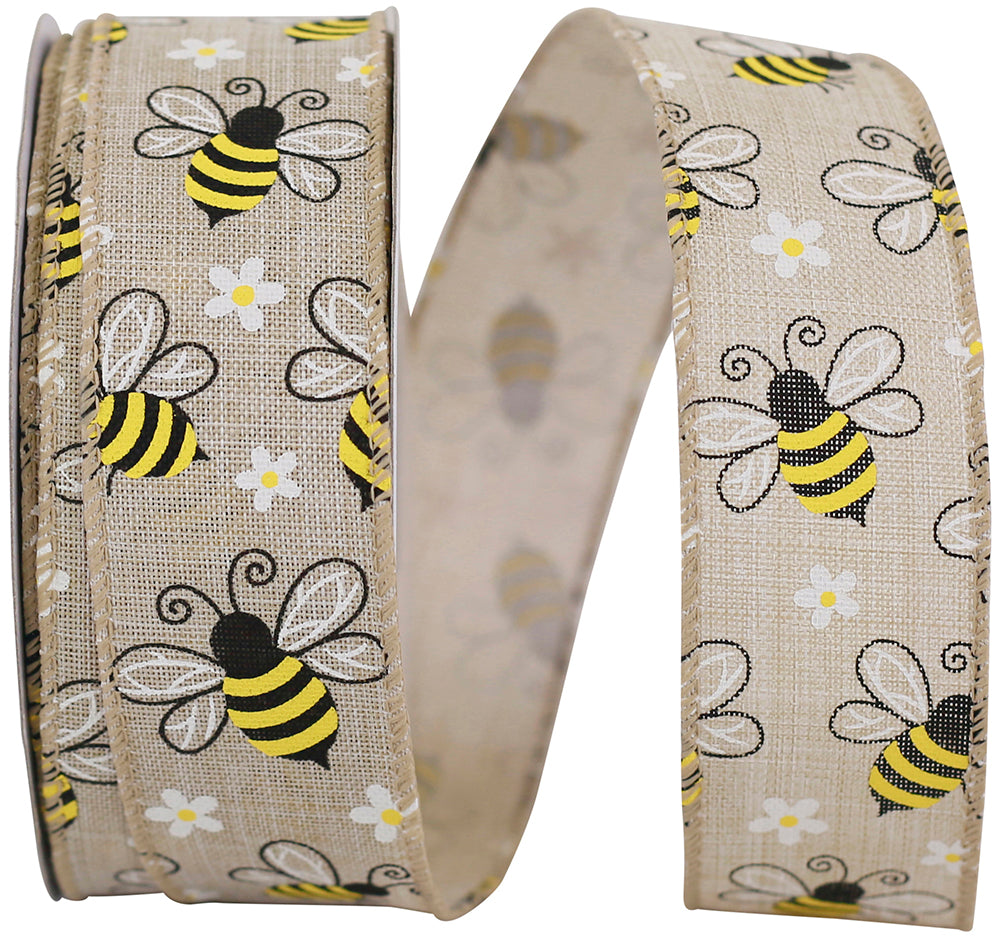 Natural 1-1 2 Inch Bumble Bees Linen Wired Edge Ribbon for Wreaths & Bows
