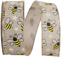 Natural 1-1 2 Inch Bumble Bees Linen Wired Edge Ribbon for Wreaths & Bows