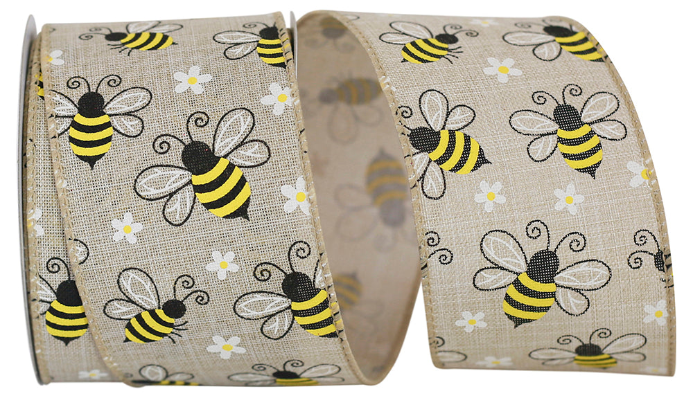 Natural 2-1 2 Inch Bumble Bees Linen Wired Edge Ribbon for Wreaths & Bows