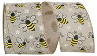 Natural 2-1 2 Inch Bumble Bees Linen Wired Edge Ribbon for Wreaths & Bows