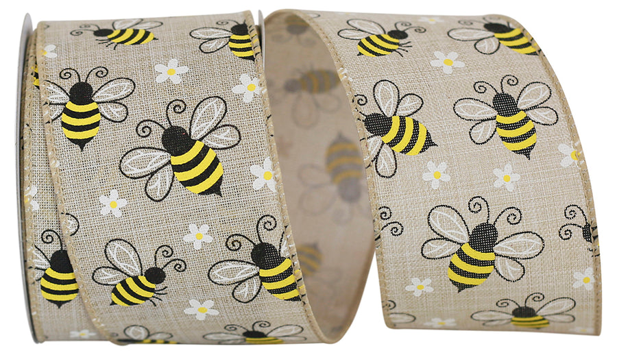 Natural 2-1 2 Inch Bumble Bees Linen Wired Edge Ribbon for Wreaths & Bows