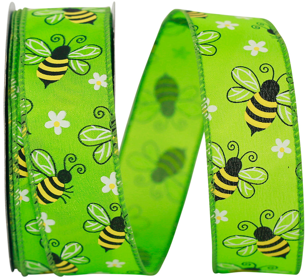 Lime 1-1 2 Inch Bumble Bees Citrus Wired Edge Ribbon for Wreaths & Bows