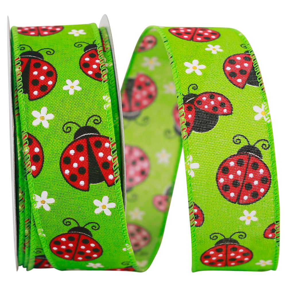 Apple 1-1 2 Inch Ladybugs Linen Wired Edge Ribbon for Wreaths & Bows
