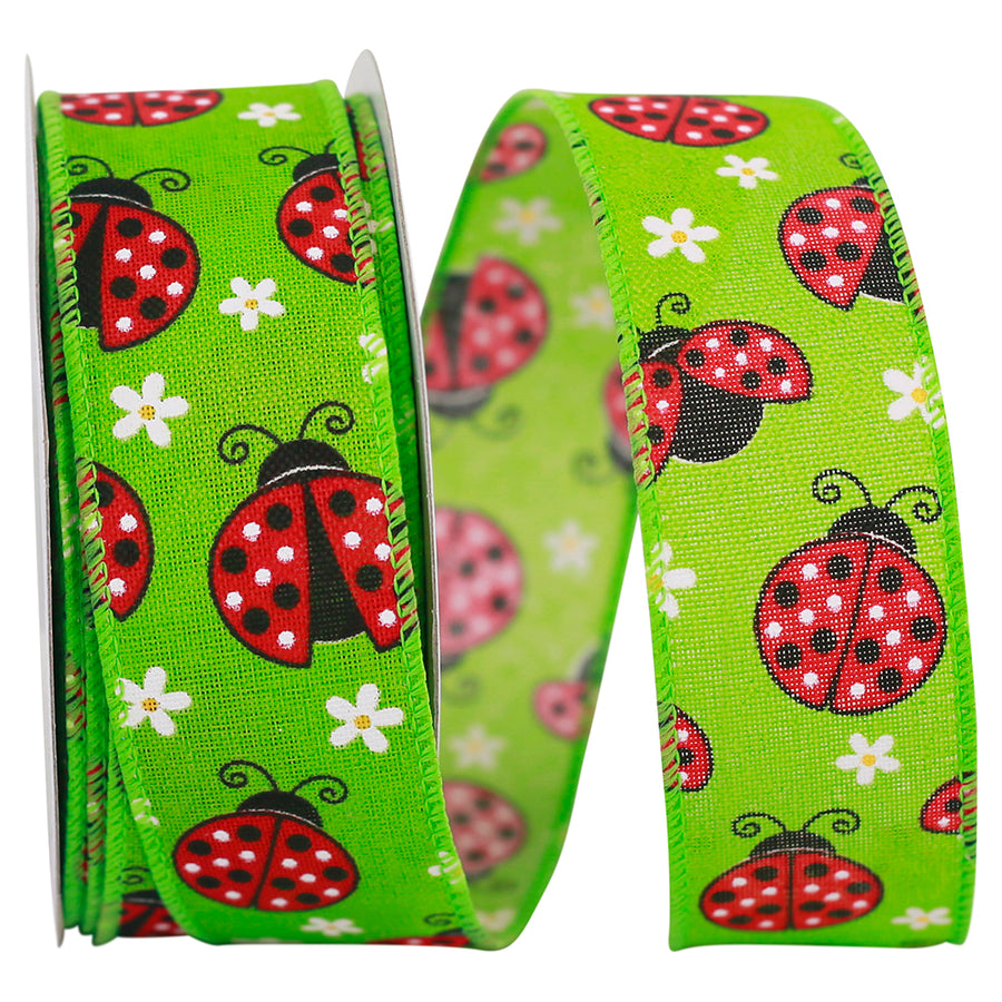 Apple 1-1 2 Inch Ladybugs Linen Wired Edge Ribbon for Wreaths & Bows