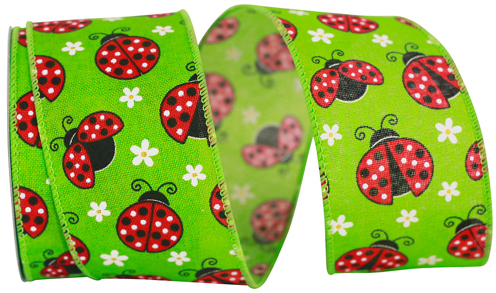 Apple 2-1 2 Inch Ladybugs Linen Wired Edge Ribbon for Wreaths & Bows