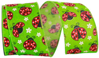 Apple 2-1 2 Inch Ladybugs Linen Wired Edge Ribbon for Wreaths & Bows