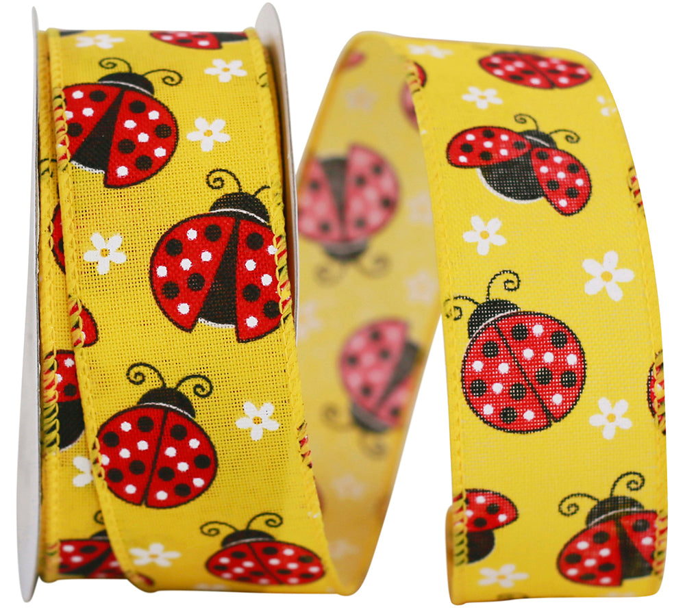 Yellow 1-1 2 Inch Ladybugs Linen Wired Edge Ribbon for Wreaths & Bows