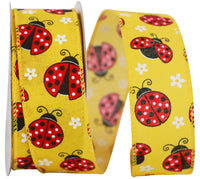 Yellow 1-1 2 Inch Ladybugs Linen Wired Edge Ribbon for Wreaths & Bows
