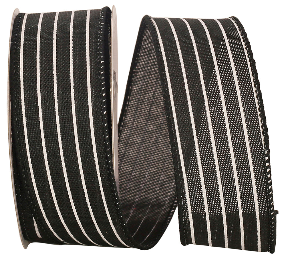 Black 1-1 2 Inch Thin Stripe Linen Solid Wired Edge Ribbon for Wreaths & Bows