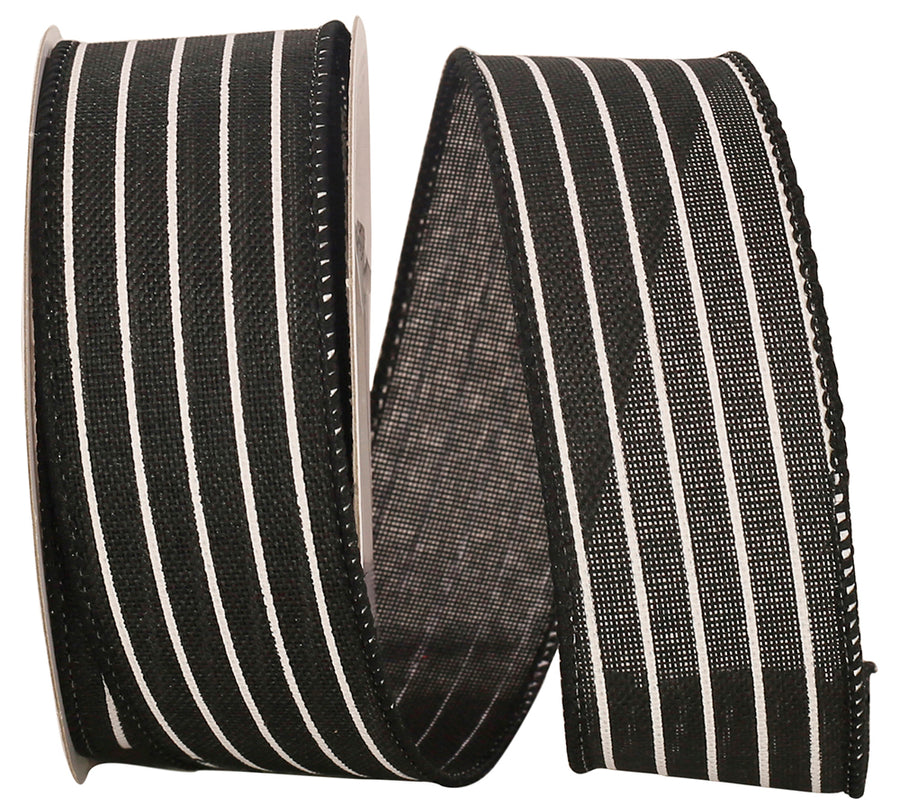 Black 1-1 2 Inch Thin Stripe Linen Solid Wired Edge Ribbon for Wreaths & Bows