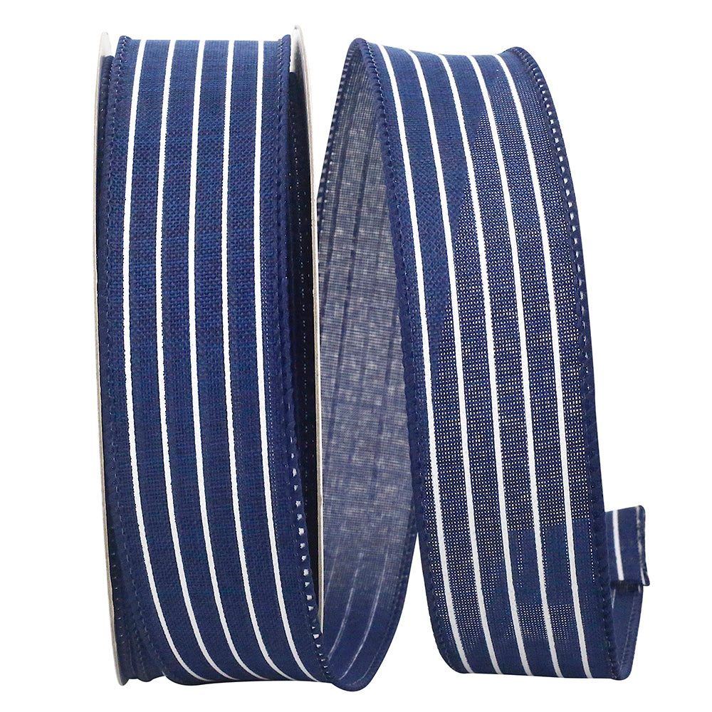 Navy 1-1 2 Inch Thin Stripe Linen Solid Wired Edge Ribbon for Wreaths & Bows