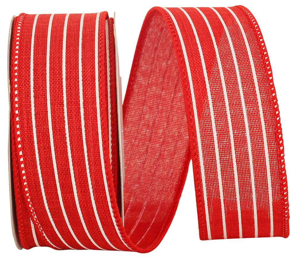 Red 1-1 2 Inch Thin Stripe Linen Solid Wired Edge Ribbon for Wreaths & Bows
