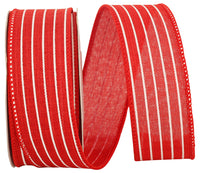 Red 1-1 2 Inch Thin Stripe Linen Solid Wired Edge Ribbon for Wreaths & Bows