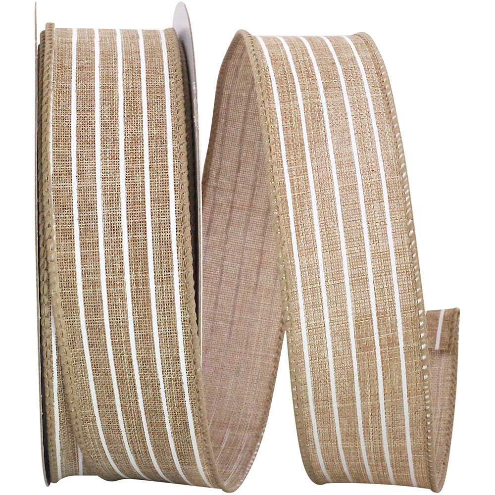 Natural 1-1 2 Inch Thin Stripe Linen Solid Wired Edge Ribbon for Wreaths & Bows