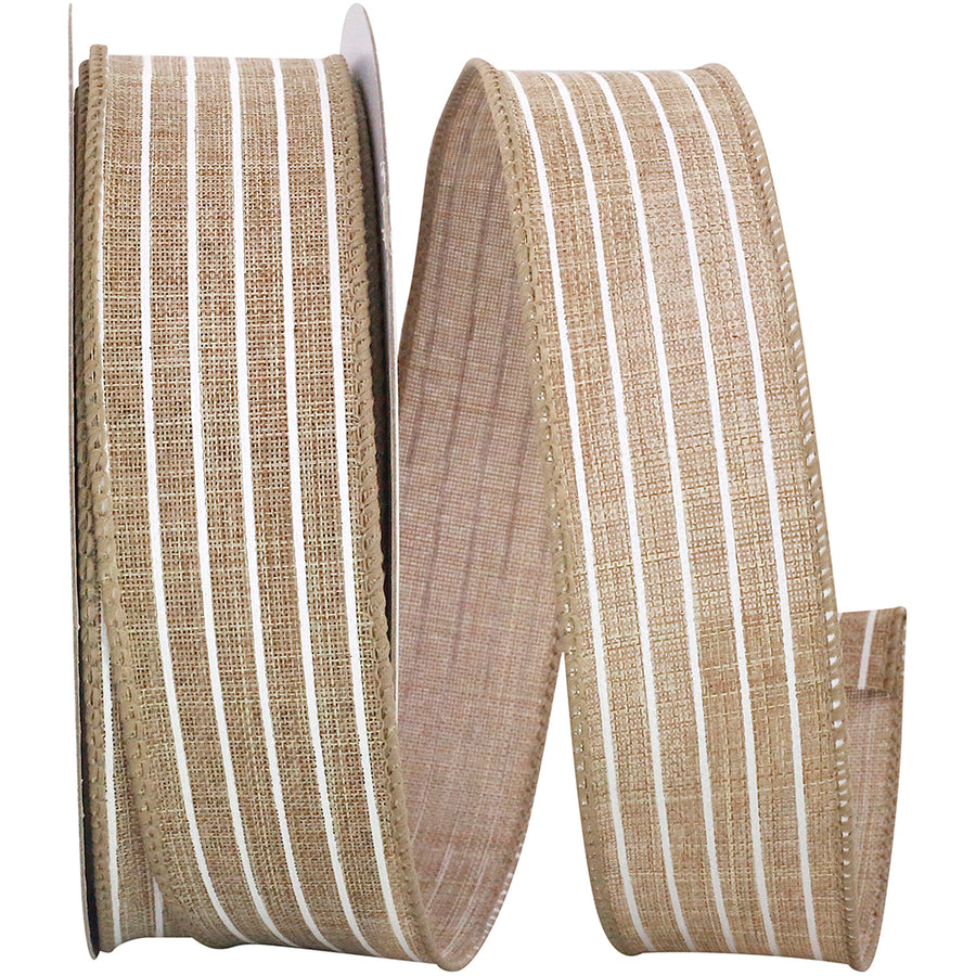 Natural 1-1 2 Inch Thin Stripe Linen Solid Wired Edge Ribbon for Wreaths & Bows