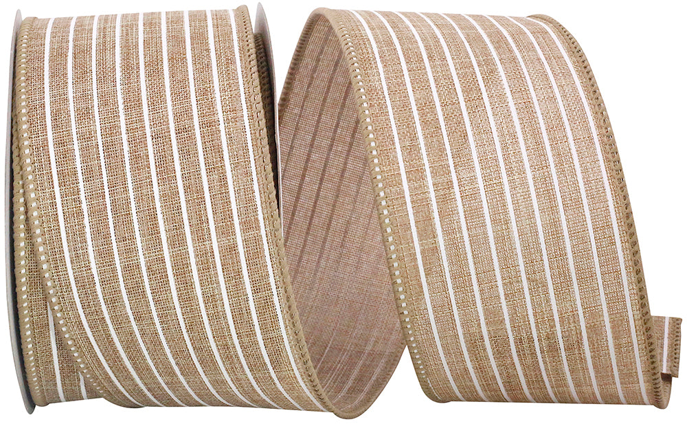 Natural 2-1 2 Inch Thin Stripe Linen Solid Wired Edge Ribbon for Wreaths & Bows